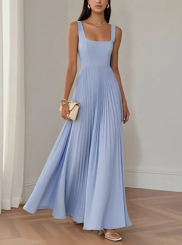 Light Blue Pleated Square Neck Sleeveless A-Line Maxi Dress