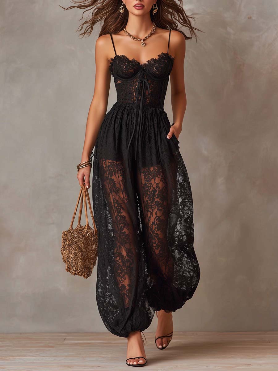 Vintage Lace Fabric Spaghetti-Strap Jumpsuit