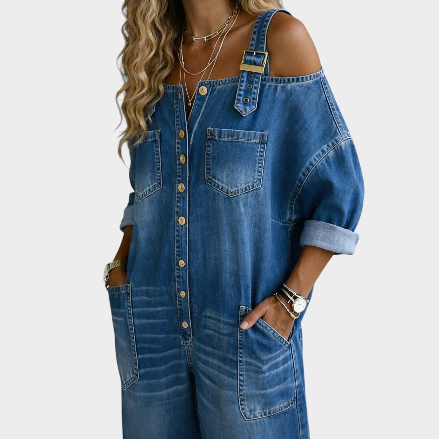 Denim Off-Shoulder Wide-Leg Jumpsuit