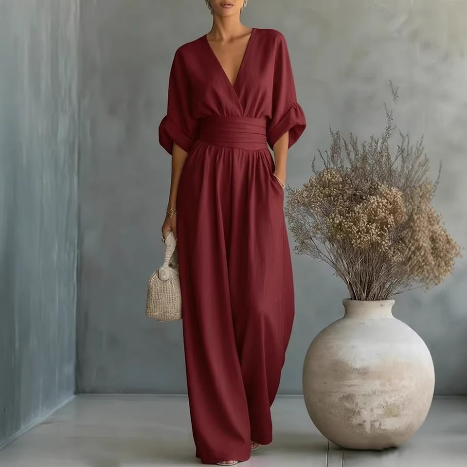 Elegant V-Neck Pleated Wide-Leg Jumpsuit | Flowy High-Waist Romper with Pockets