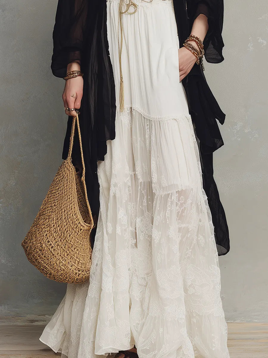Black Sheer Duster & Ivory Lace Tiered  – Modern Bohemian Elegance Maxi Skirt