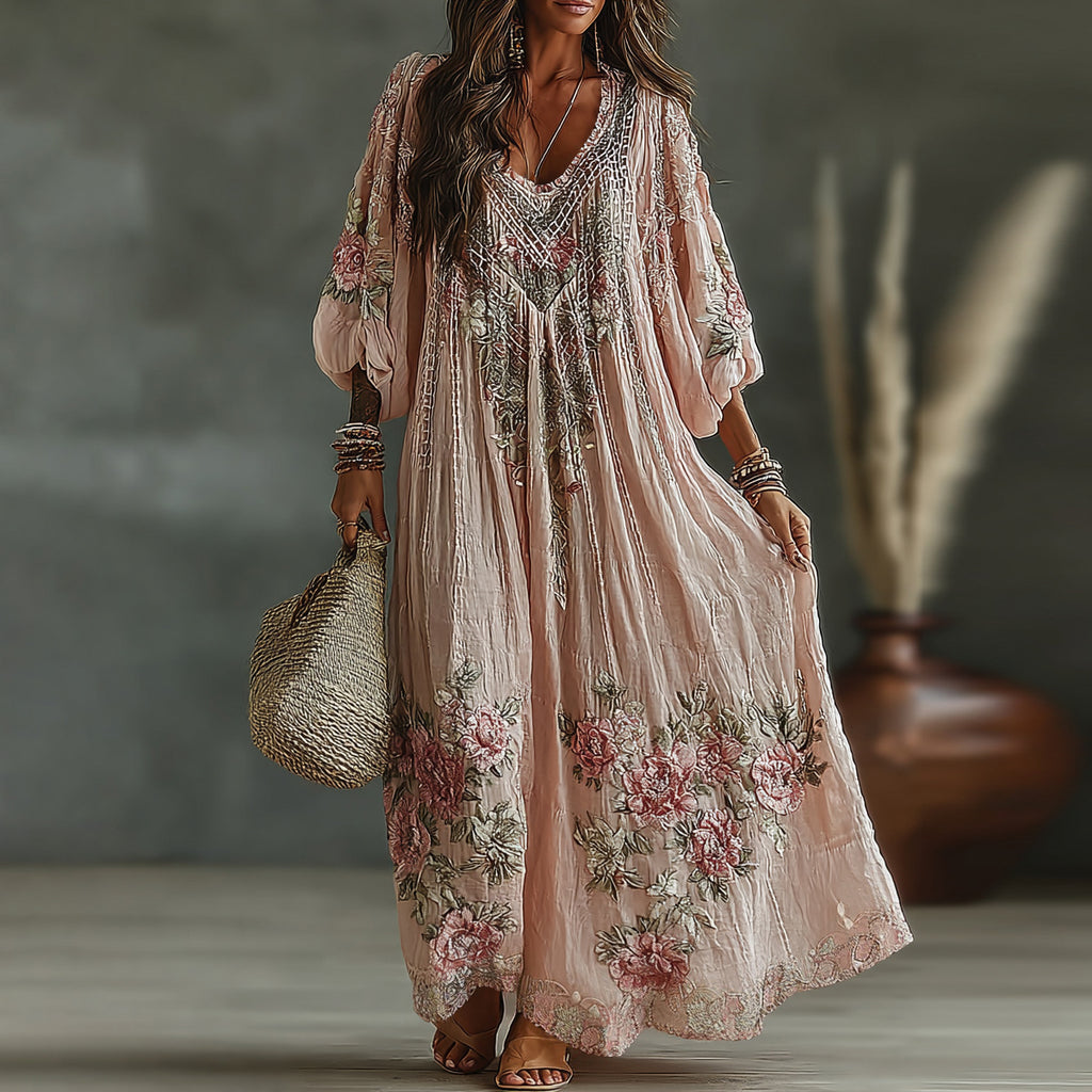 Women's Vintage Floral Art Flowy Linen Blend Casual Long Sleeve Maxi Dress