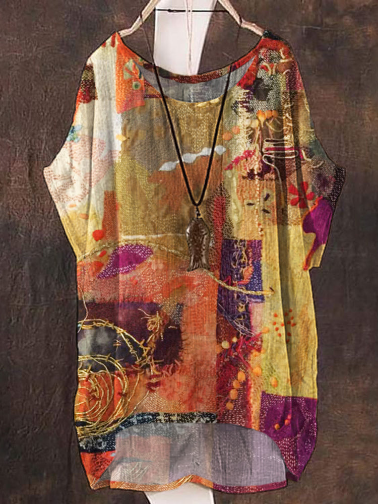 Vintage Boho Floral Patchwork Printed Women's Linen Flowy Shirt