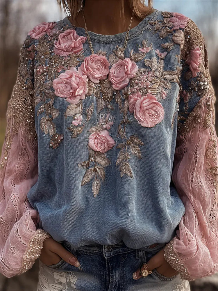 Vintage Pink Flowers Glitter Embroidered Patchwork Sweatshirt
