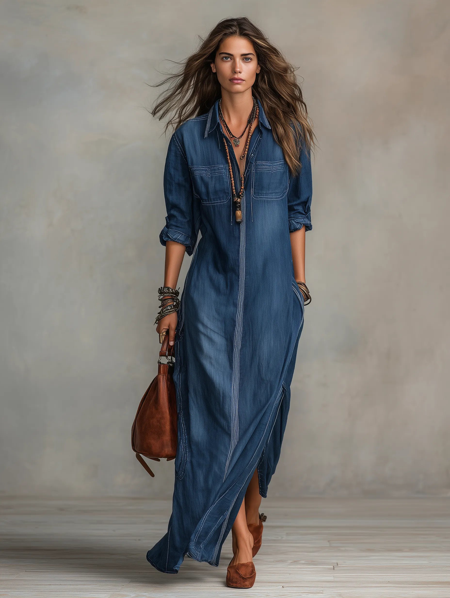Relaxed Chic Washed-Denim Deep-V Pocket Long-Sleeve Indigo Maxi Dress