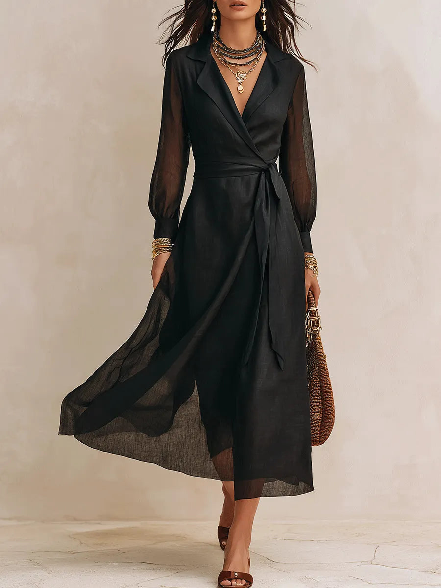 Elegant Resort Sheer Long-Sleeve Surplice Belted Black Maxi Dress
