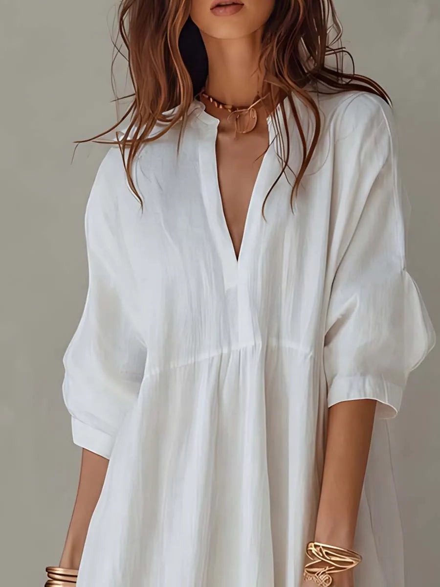 Loose Stand V Neck A-line Cotton Linen Midi Dress