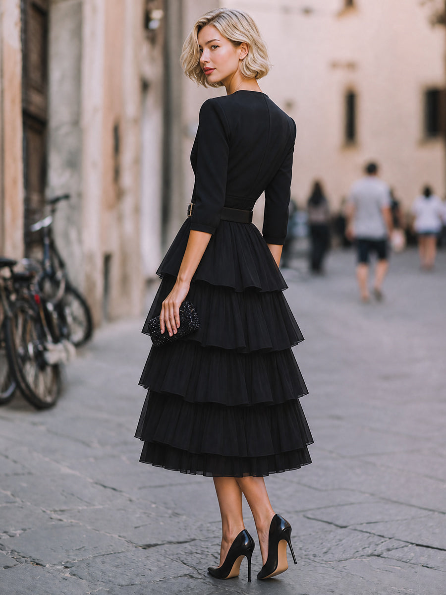 Belted Plunging V-Neck Tiered Ruffle Midi Dress