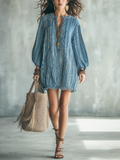 Effortless Blue Striped Balloon Sleeve Mini Dress
