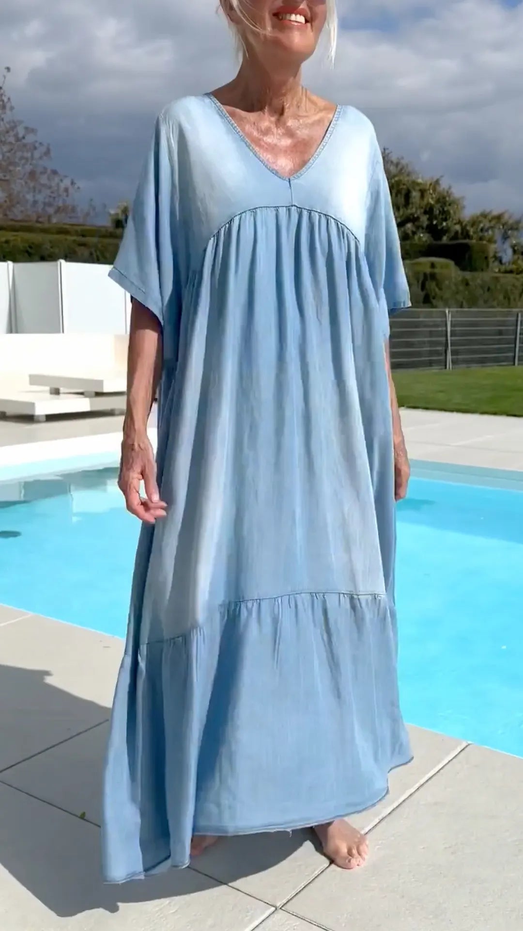 Light Wash Denim Tiered Maxi Dress