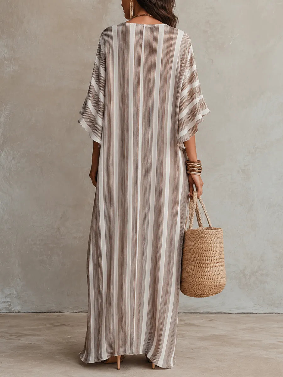 Neutral Striped Kaftan  – Effortless Bohemian Resort Style Maxi Dress