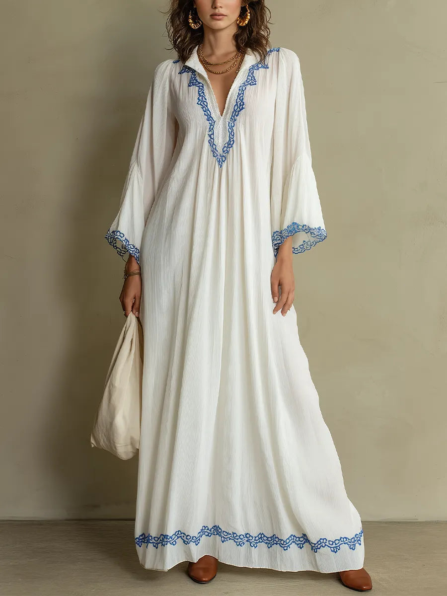 Elegant White Contrast Print Caftan Maxi Dress