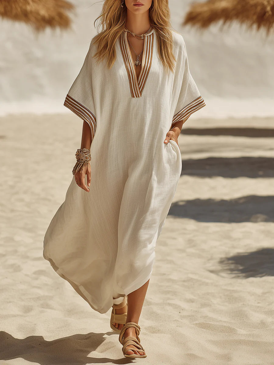 Loose-fitting, Casual Resort-style Linen And Cotton Dress
