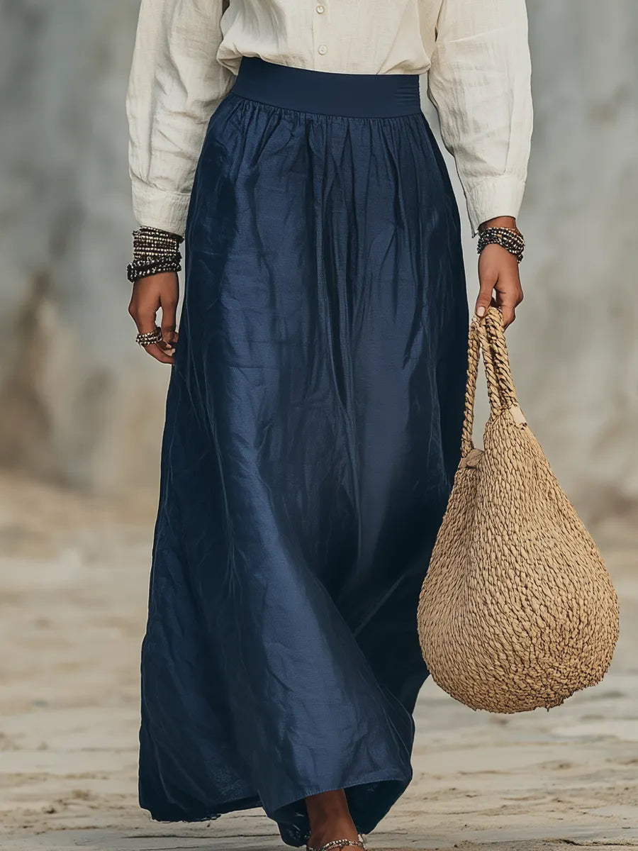 Elegant Ivory Embroidered Blouse & Navy Maxi Skirt Set