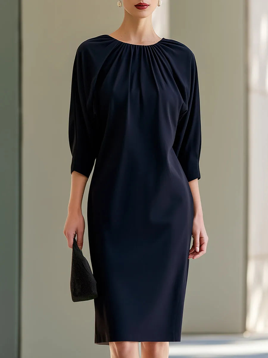 Pleated Neckline Dolman-Sleeve Midi Dress