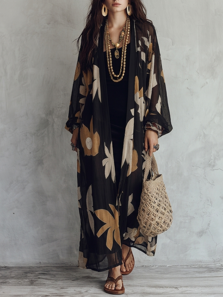 Boho Long Sleeve Maxi Duster Cardigan Cover-Up