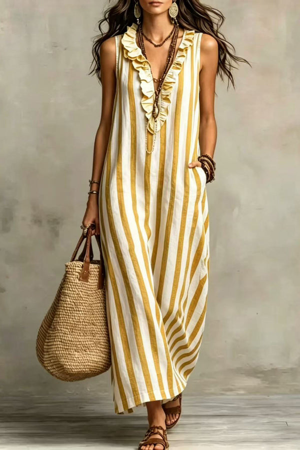 Women's Retro Striped Ruffle Sleeveless Dress