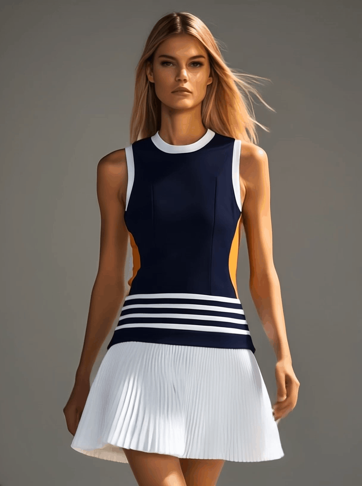 [24-hour shipping out]Fashionable and Energetic Vest-style Navy Blue and White Contrast Mini Dress