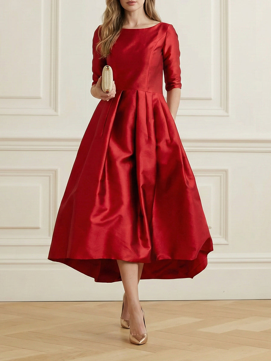 A-Line Loose Pleated Pockets Solid Color Split-Joint Round-Neck Midi Dresses