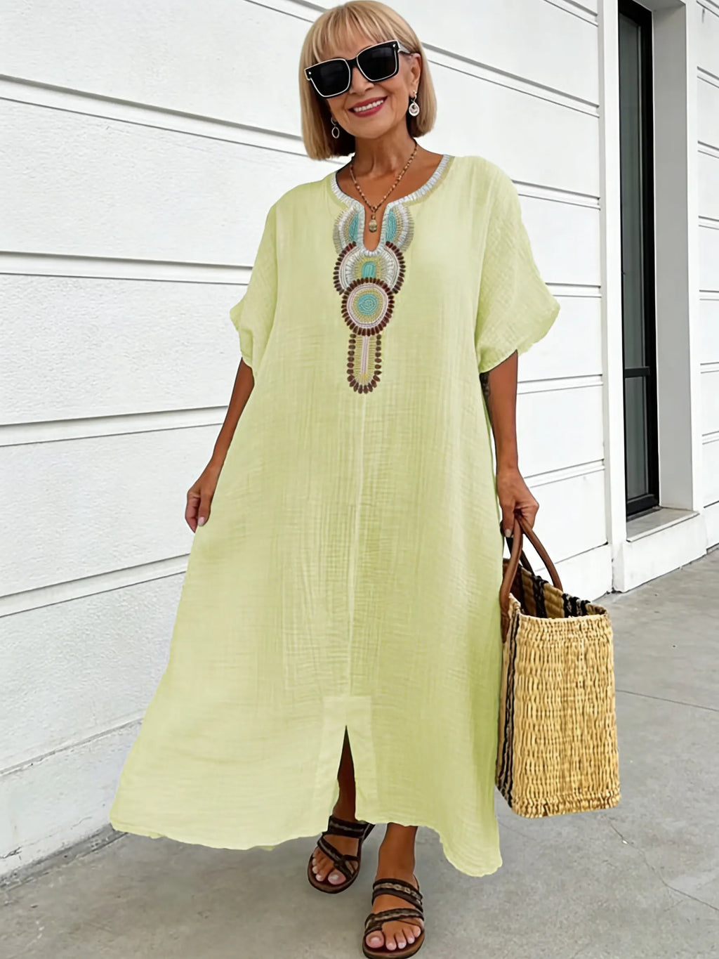 Cotton and Linen Embroidered Split Dress