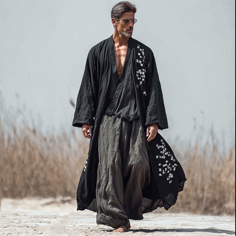 Men's Japanese Plum Blossom Linen Long Kimono