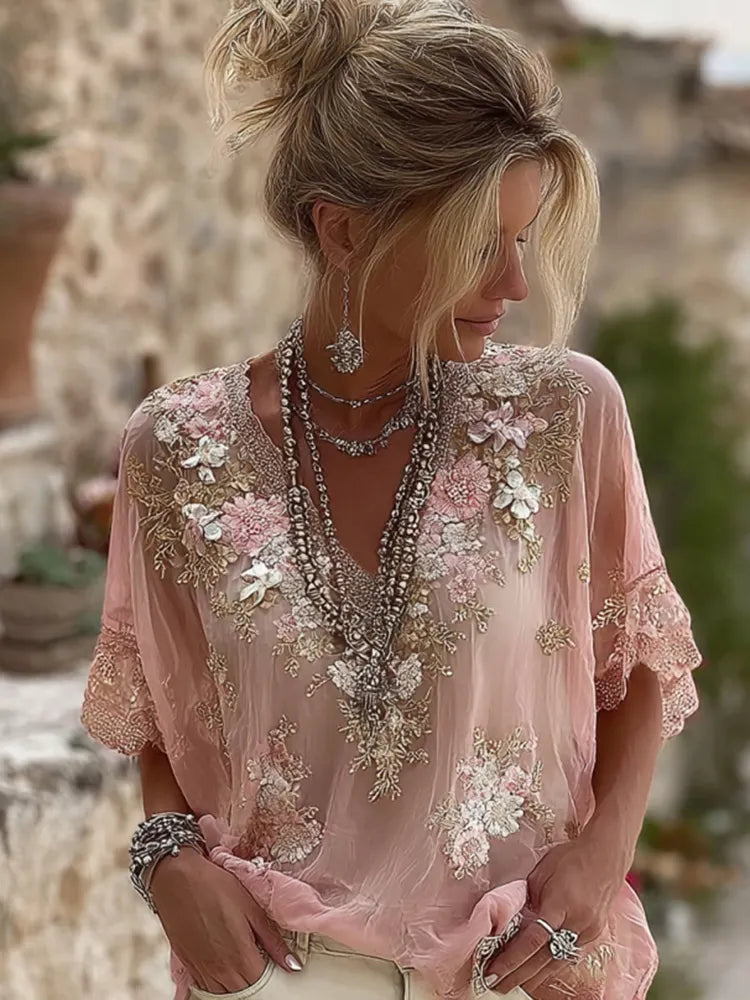 Women's Pink Flower Embroidery Art V-neck Short Sleeve T-shirt