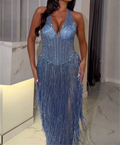 Halter Deep V Corset Sequin Fringe Maxi Evening Gown, Dusty Blue Beaded Sheer Formal Party Dress