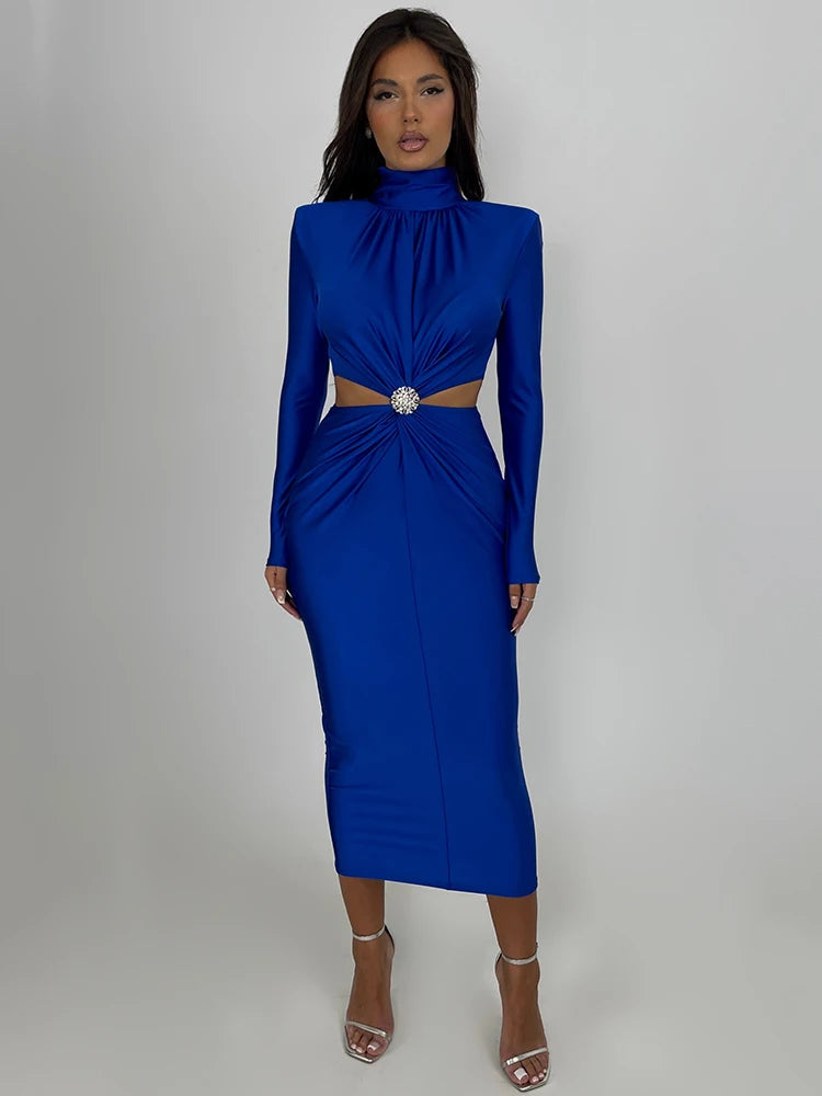 Serena Embellished Cut-Out Turtleneck Bodycon Midi Dress