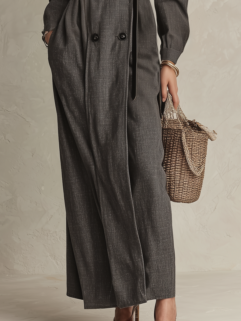 Elegant Charcoal Lace Collar Double-Breasted Maxi Dress