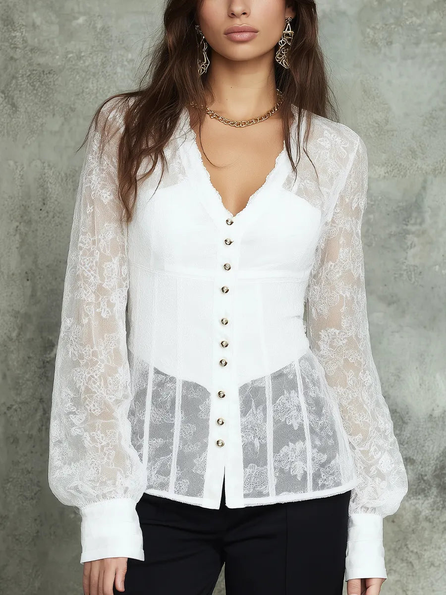 Elegant White Lace Sleeve Button Front Blouse