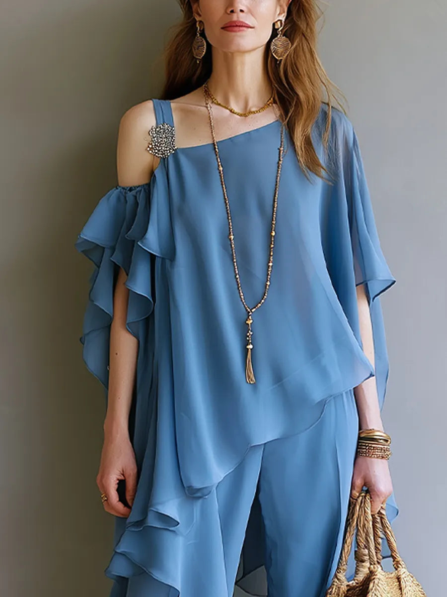 Bohemian Gray-blue Layered Ruffled Trouser Suit