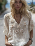 Bohemian-style White Rose Short-sleeved Shirt