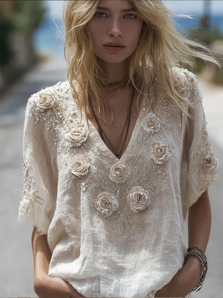 Bohemian-style White Rose Short-sleeved Shirt