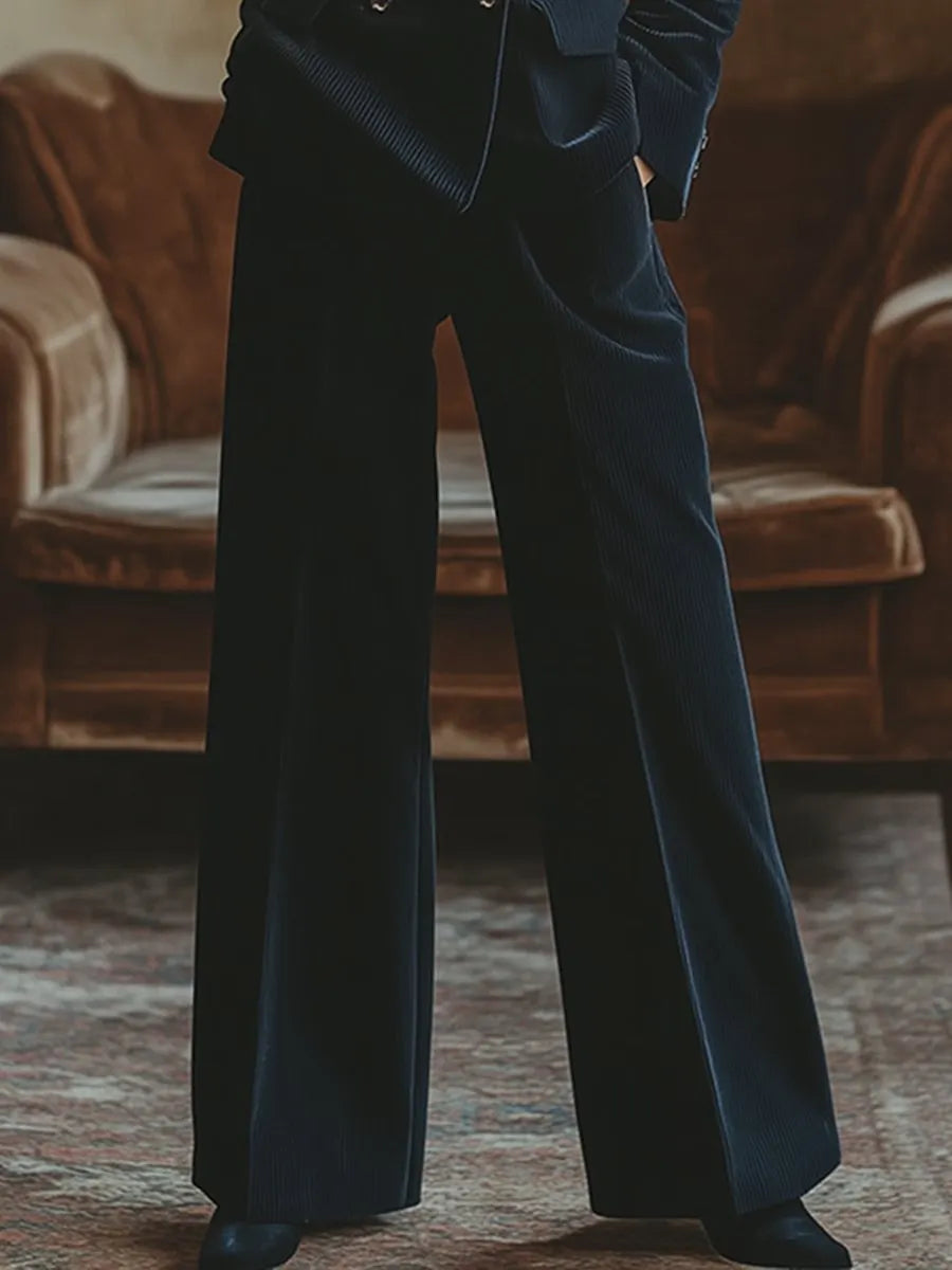 [24-hour shipping out]Retro Fashion Navy Lapel Corduroy Double-breasted Blazer and Wide-leg Pants Two-piece Set