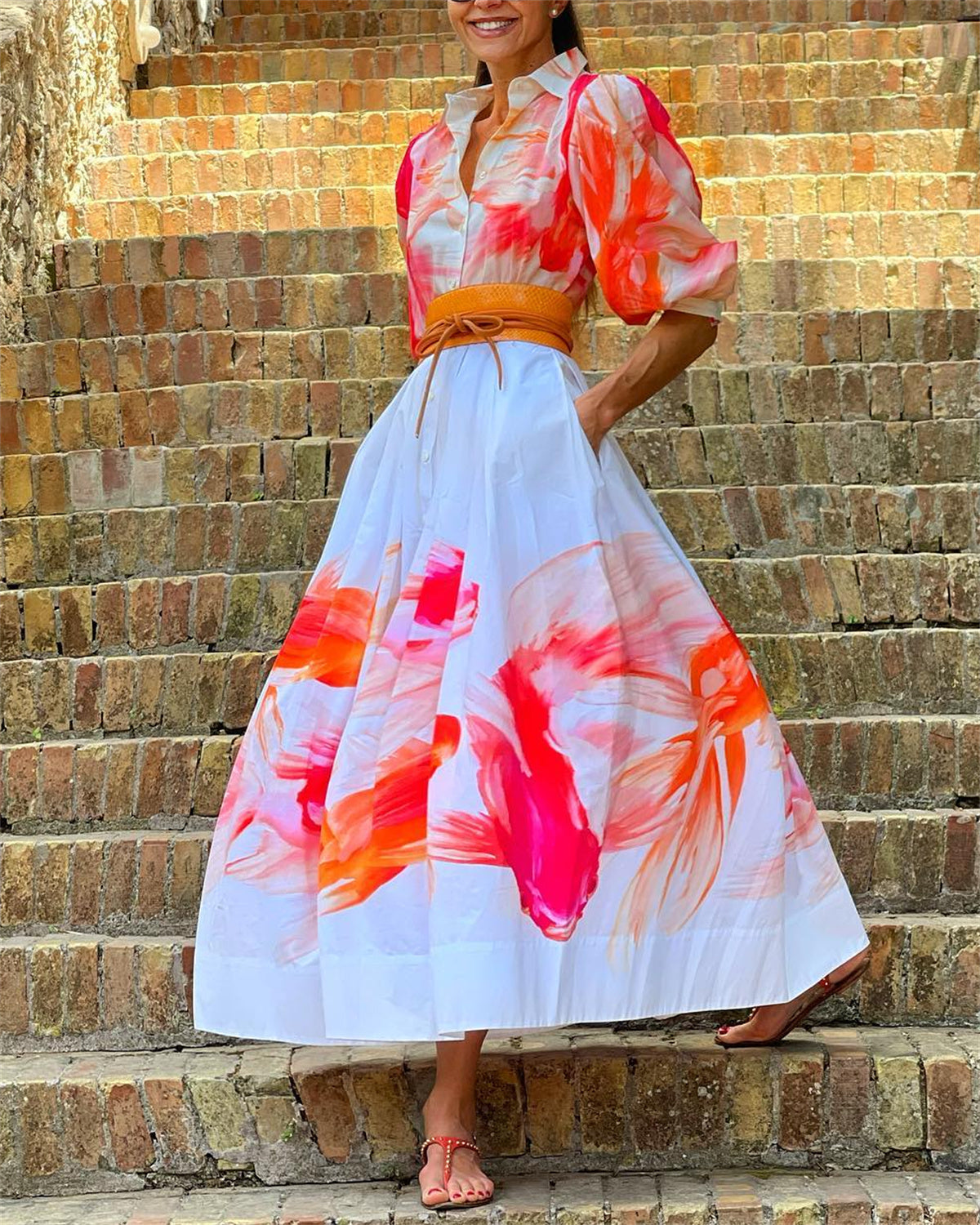 Women's Lapel Printed Shirt Dress