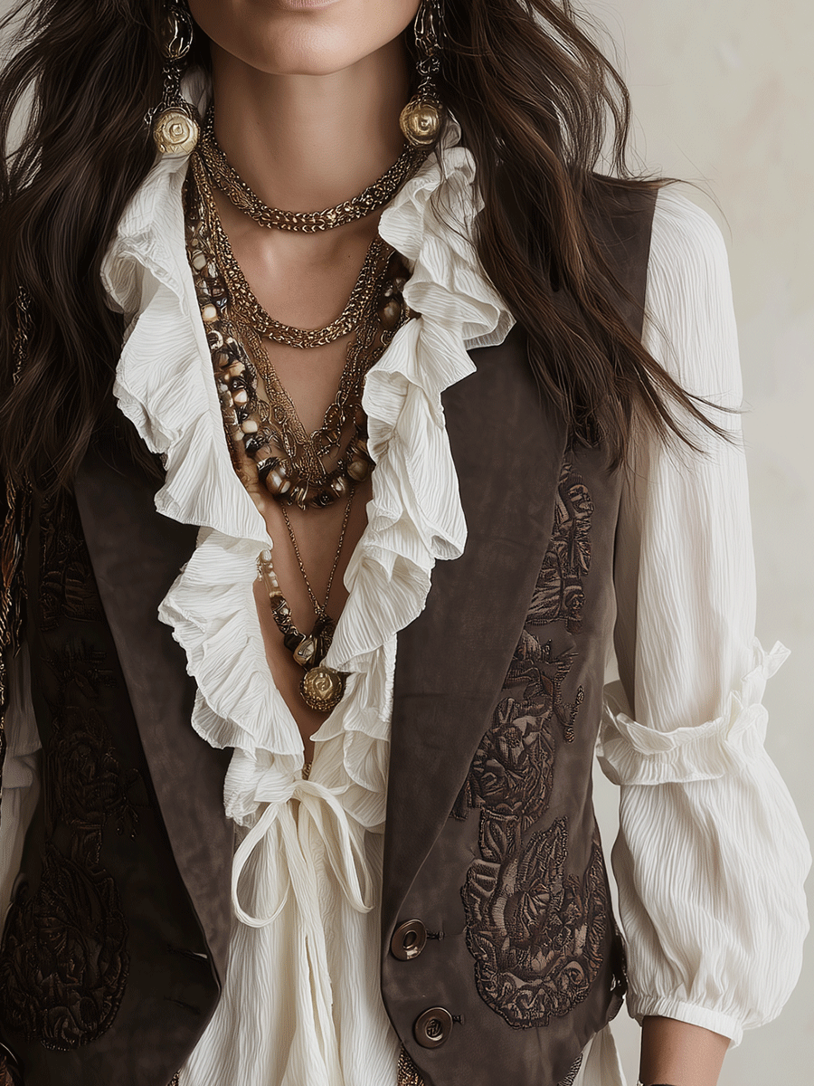 Western Boho Suede Embossed Lace-Up Brown Vest