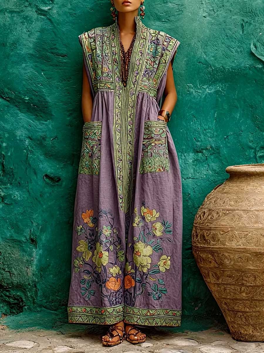 Women's Casual Loose Cotton-linen Dress With Placement Print Stand Collar And Sleeveless Design