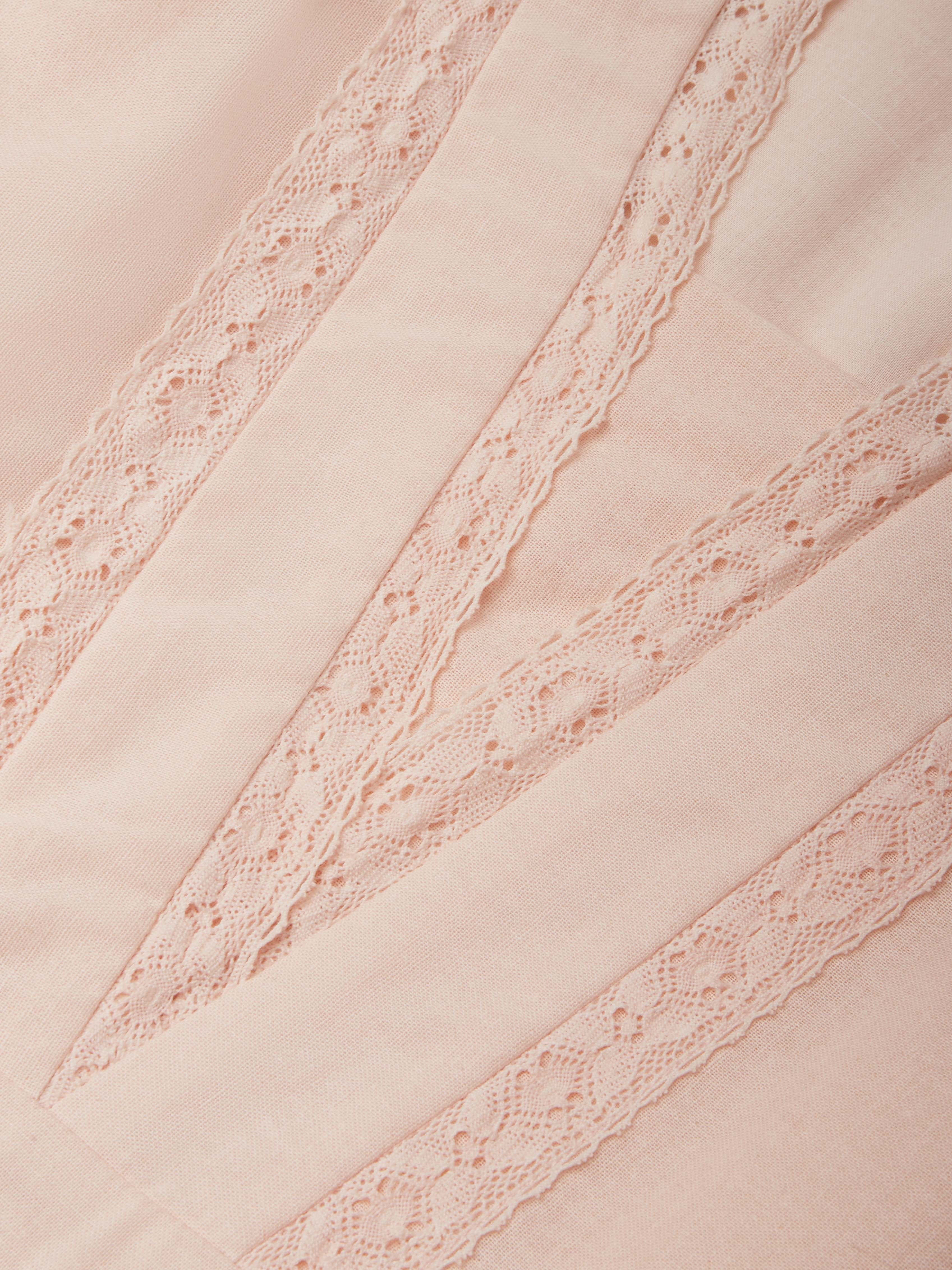 Linen Midi Dress, Short Sleeve, Lace Collar, Plain, Vintage, Light Pink