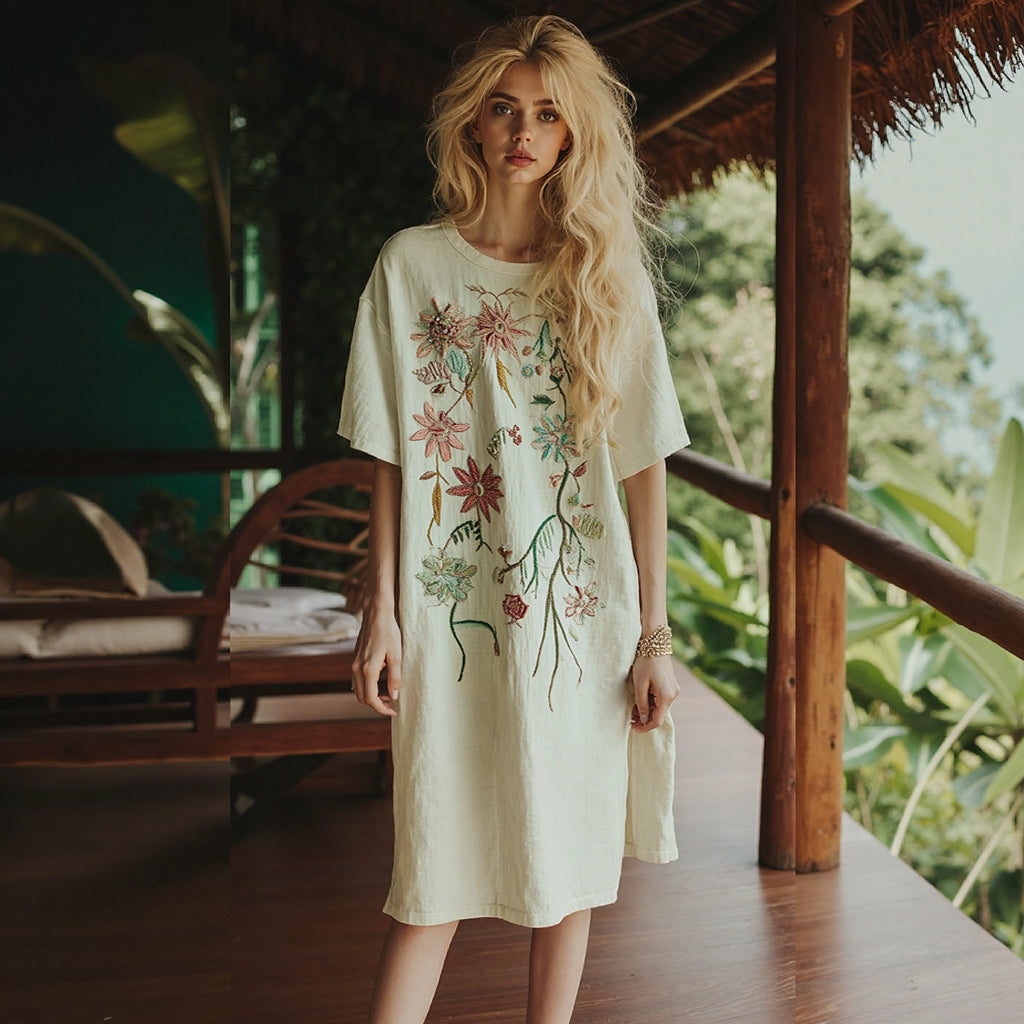 Women's Boho Floral Embroidery Art Midi Dress