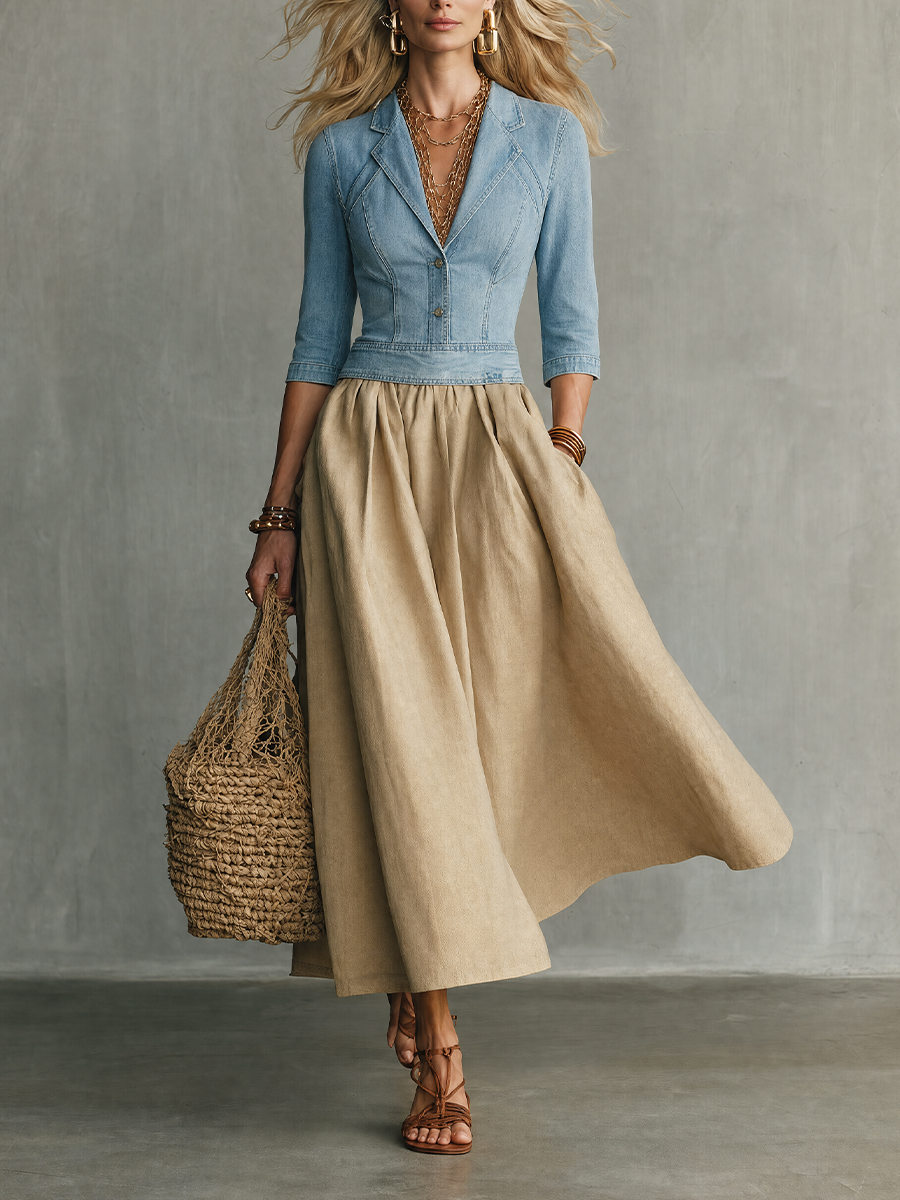 Modern Boho Lapel Denim Top & Linen Skirt Dress
