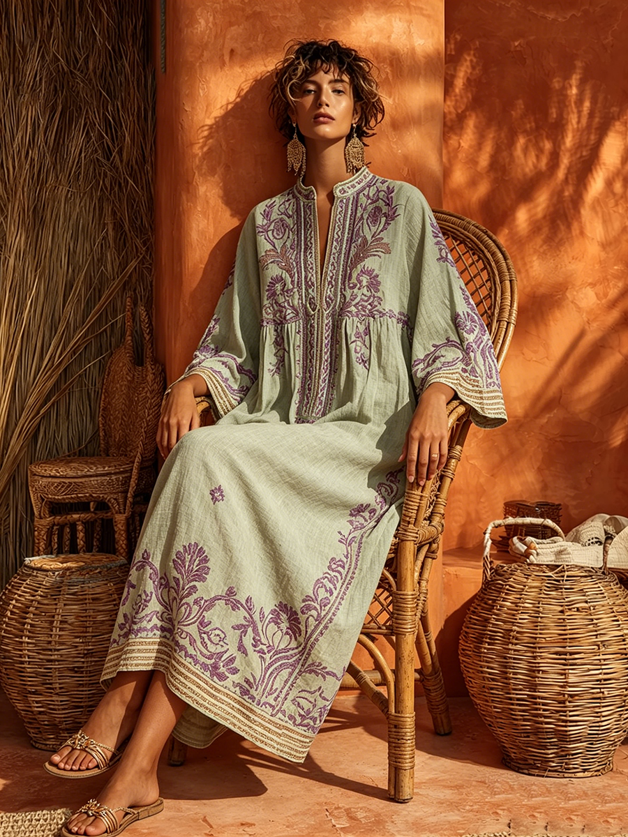 Bohemian Floral Print Cotton-linen Maxi Dress