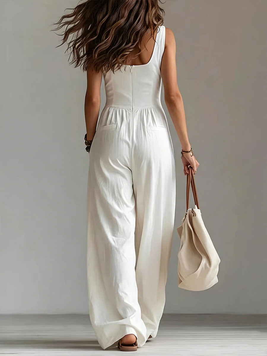 Women's Solid-color Loose-fit Casual Jumpsuit With Buttons And Side Pockets