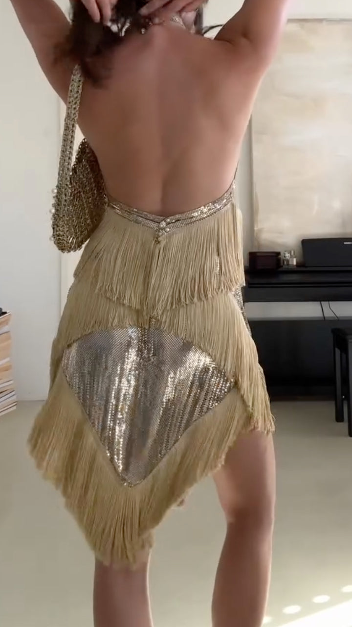 Gold Silver Sequin Fringe Halter Neck 2 Piece Set