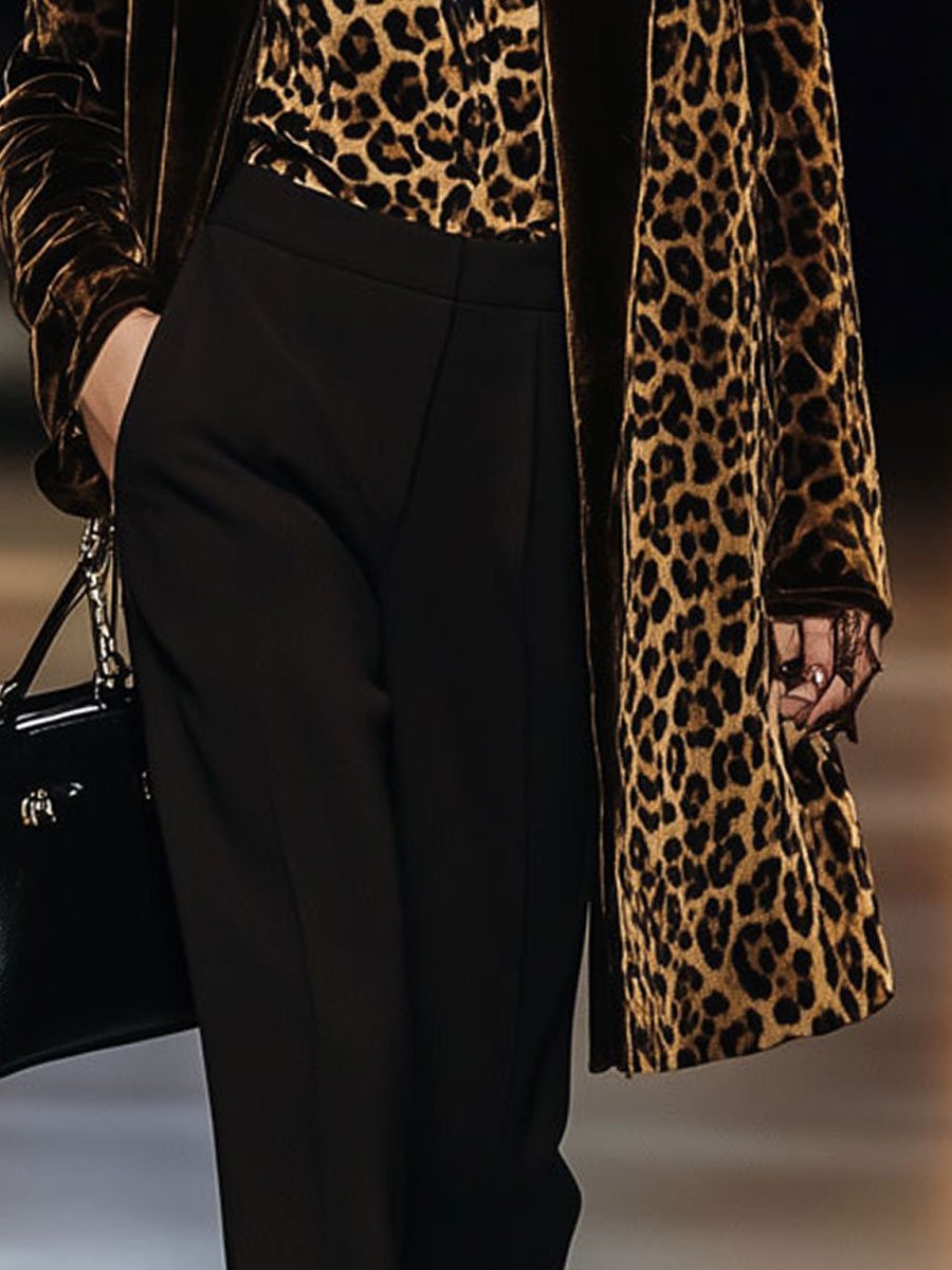 [24-hour shipping out]Casual Loose Vintage Velvet Leopard Print Colorblock Lapel Coat