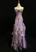 Sweet Purple Prom Dress Satin Sheath Appliques Evening Dress Sleeveless Birthday Dress