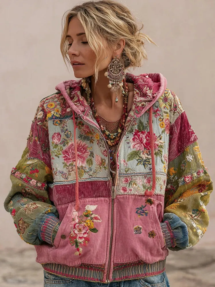 Women's Vintage Floral Embroidery Patchwork Art Zipper Hoodie