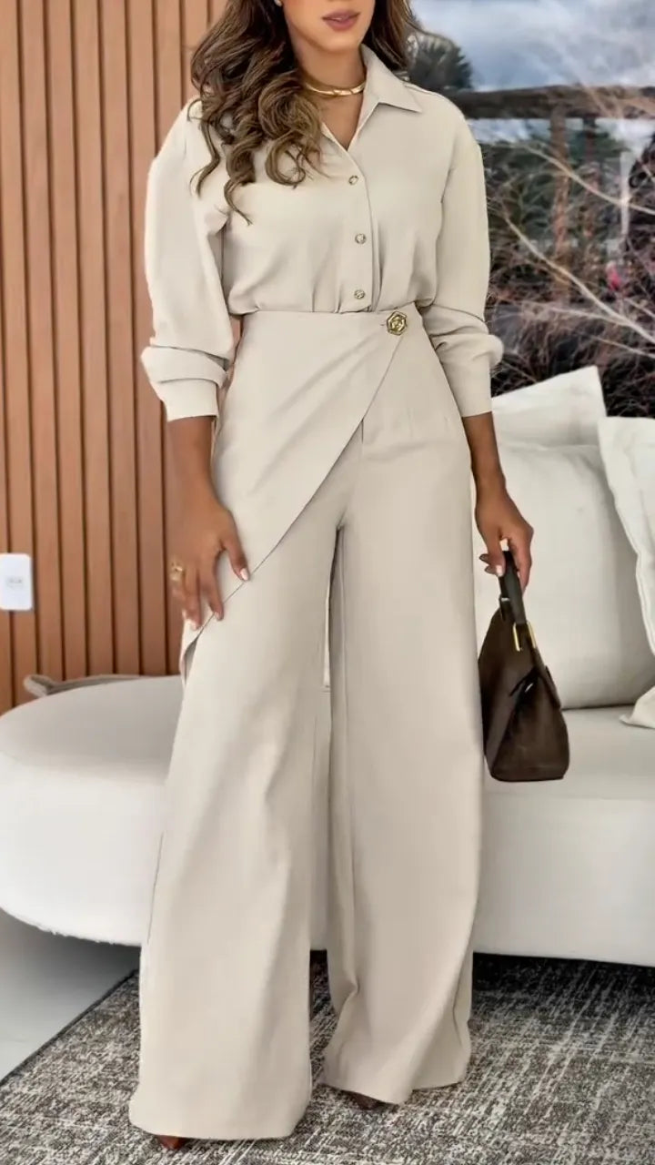 Collared Shirt & Wrap‑Waist Wide Leg Pants Co‑Ord Set