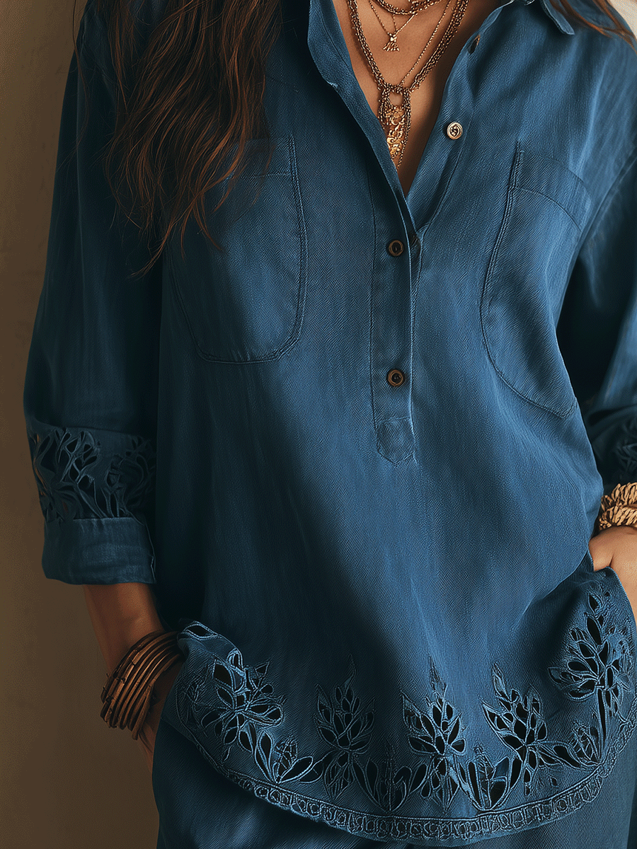 Elegant Vacation Lace Cutwork Detail Blue Tunic Shirt