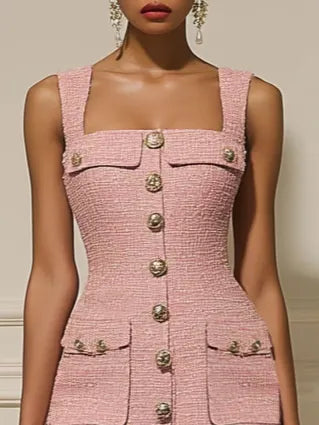 Pink Buckle Pocket Stitching Tweed Spaghetti Sleeveless Sheath Midi Dress