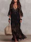 Romantic Black Printed Chiffon Maxi Dress